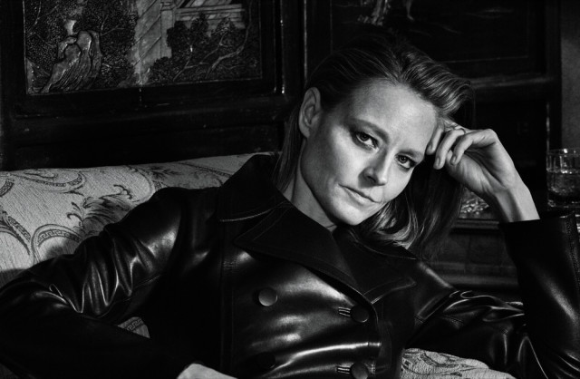 Jodie Foster wearing leather jacket in bed in Interview Magazine March 2016 shot by Mikael Jansson