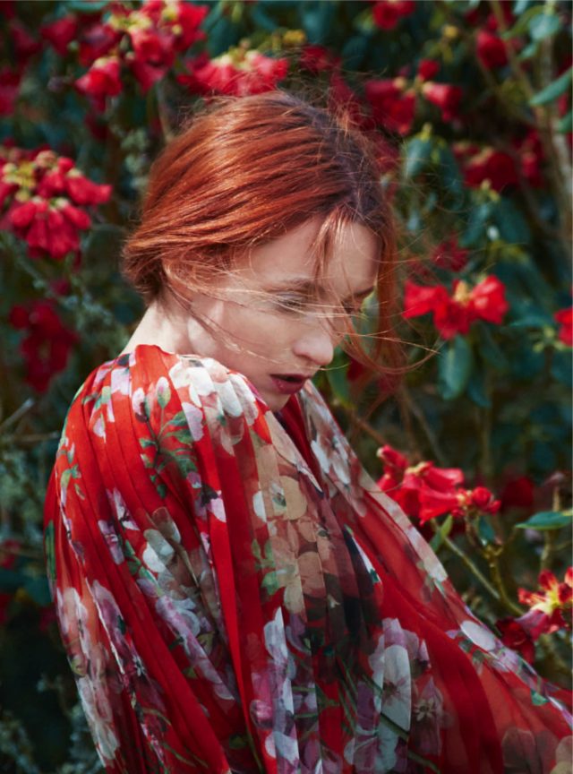 Voor Raphael red floral dress Harper's Bazaar Netherlands, November 2015
