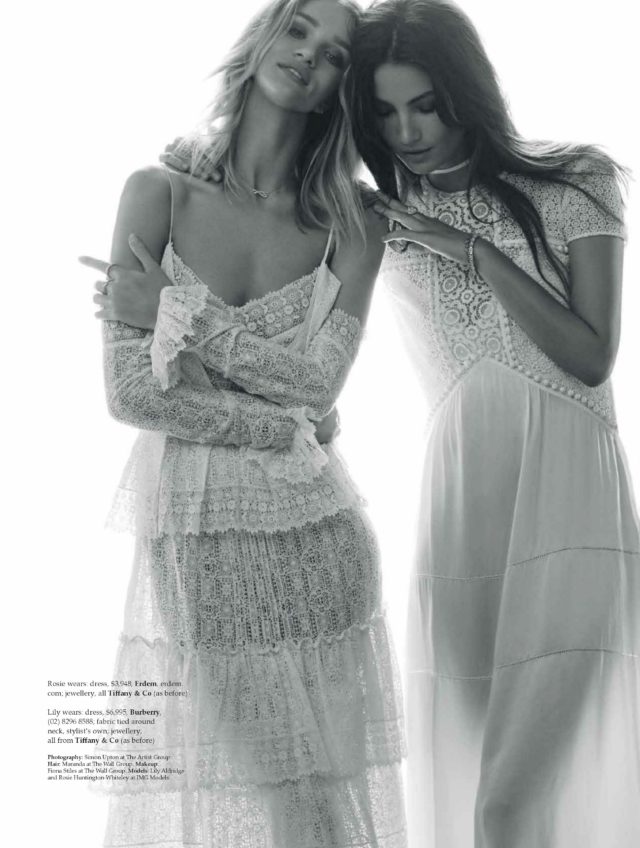 Summer white via Lily Aldridge & Rosie Huntington-Whiteley for Elle Australia June 2016 Erdem dress Burberry dress