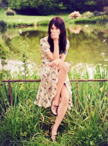 Meghan Collison for Harpers Bazaar UK October 2016 nude floral dress
