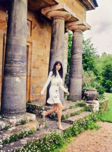 Meghan Collison for Harpers Bazaar UK October 2016 white and floral dress