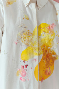 Paint Splotch Embroidered Clothing by Olya Glagoleva and Lisa Smirnova white shirt with yellow flowers