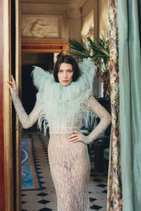 Bella Hadid for W Magazine October 2016 blue feather dress photography by Venetia Scott