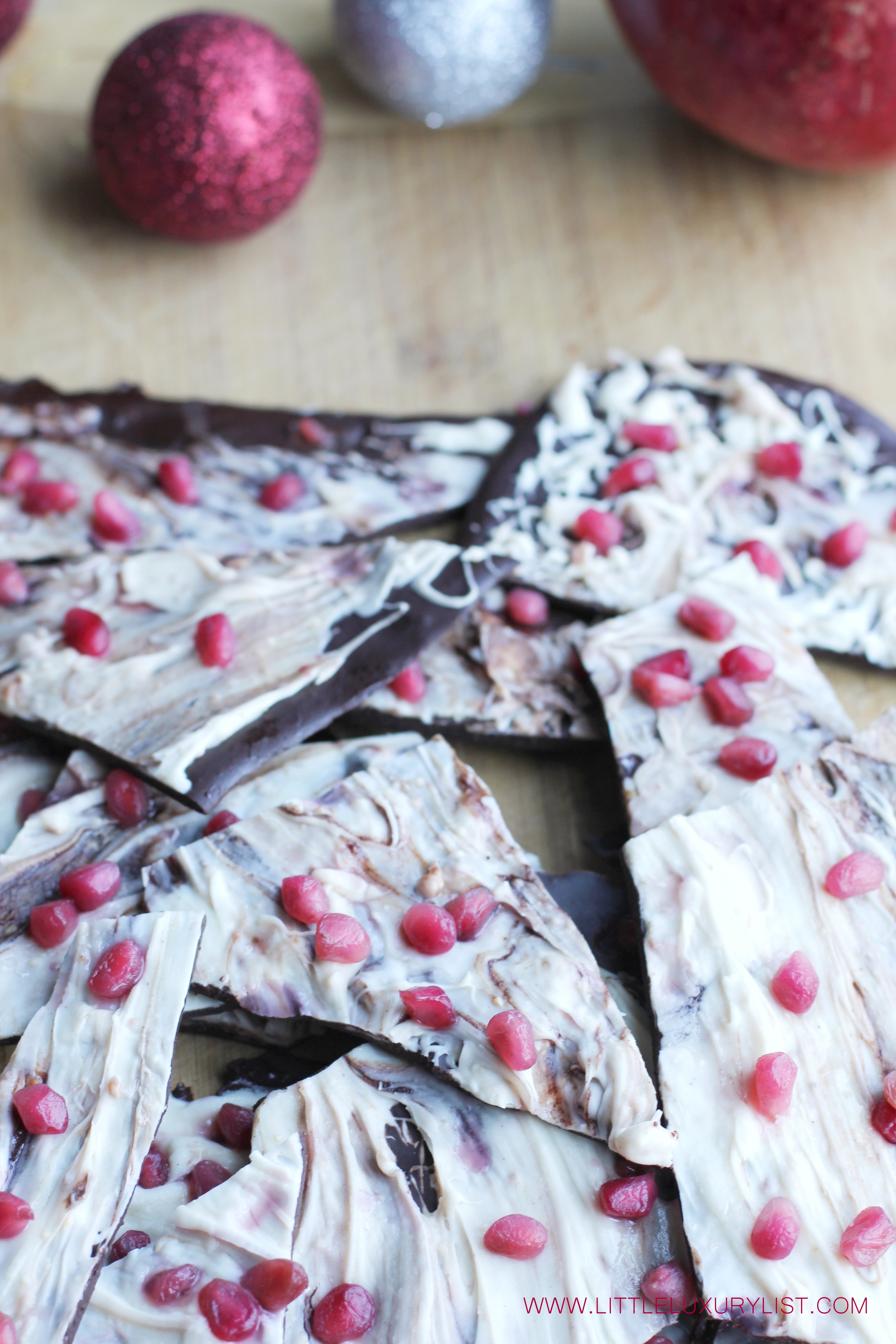 Pomegranate chocolate bark red and silver balls by little luxury list