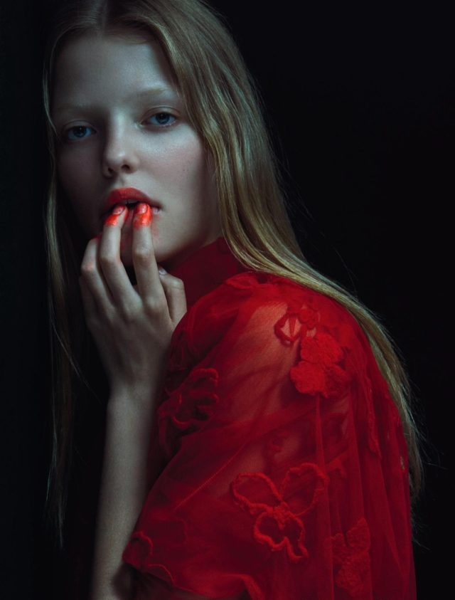 Roos Abels by Txema Yeste for Numero December 2016 in red gown