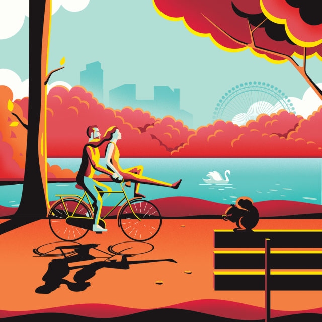 Colorful-London-illustrations-by-Jack-Dally-cycling-by-London-Eye