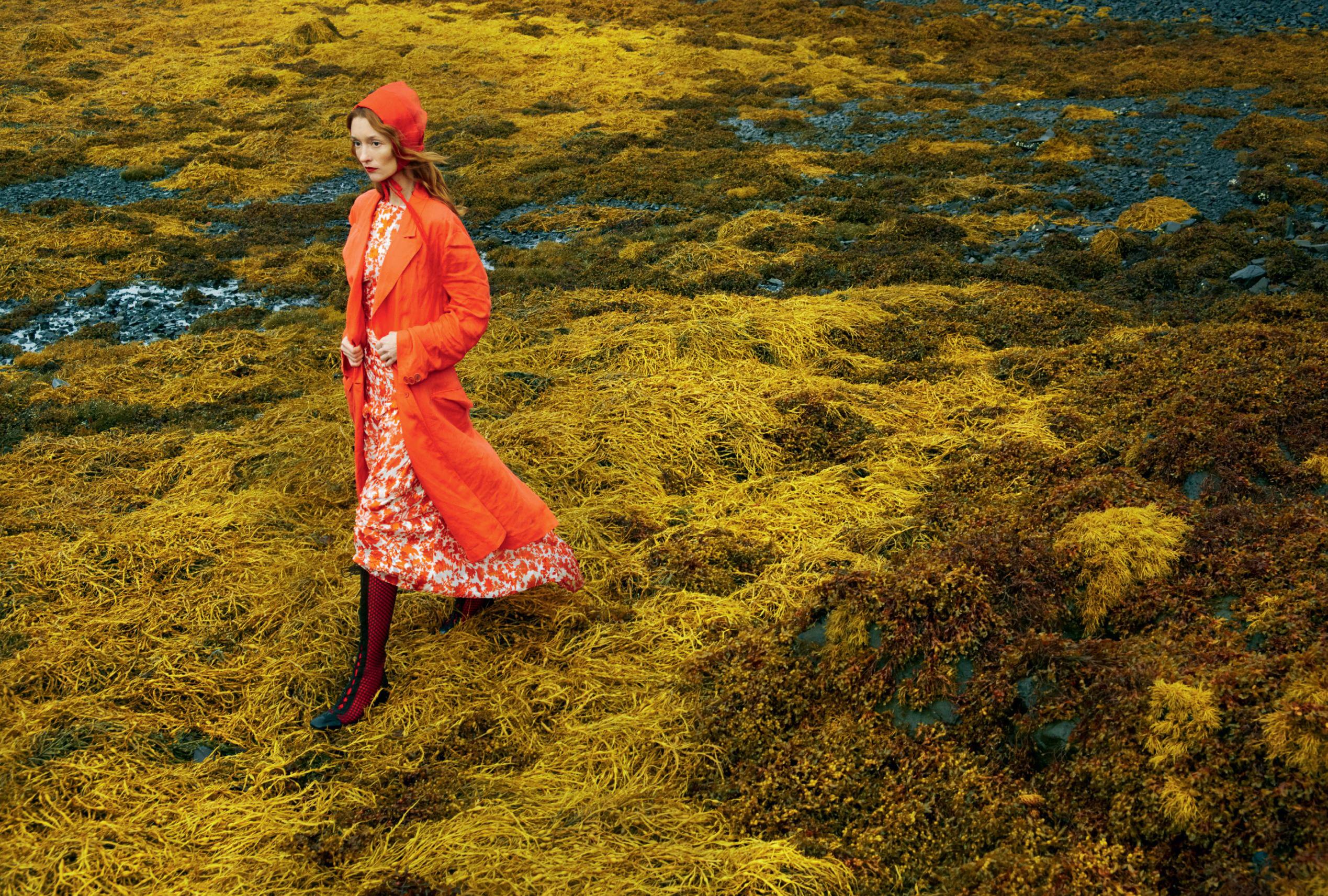Audrey Marnay for UK Harper’s Bazaar April 2018 - yellow and green moss