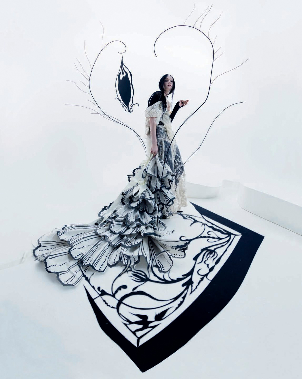 Spirits Within by Tim Walker for Vogue Italia February 2018 - black and white petal dress