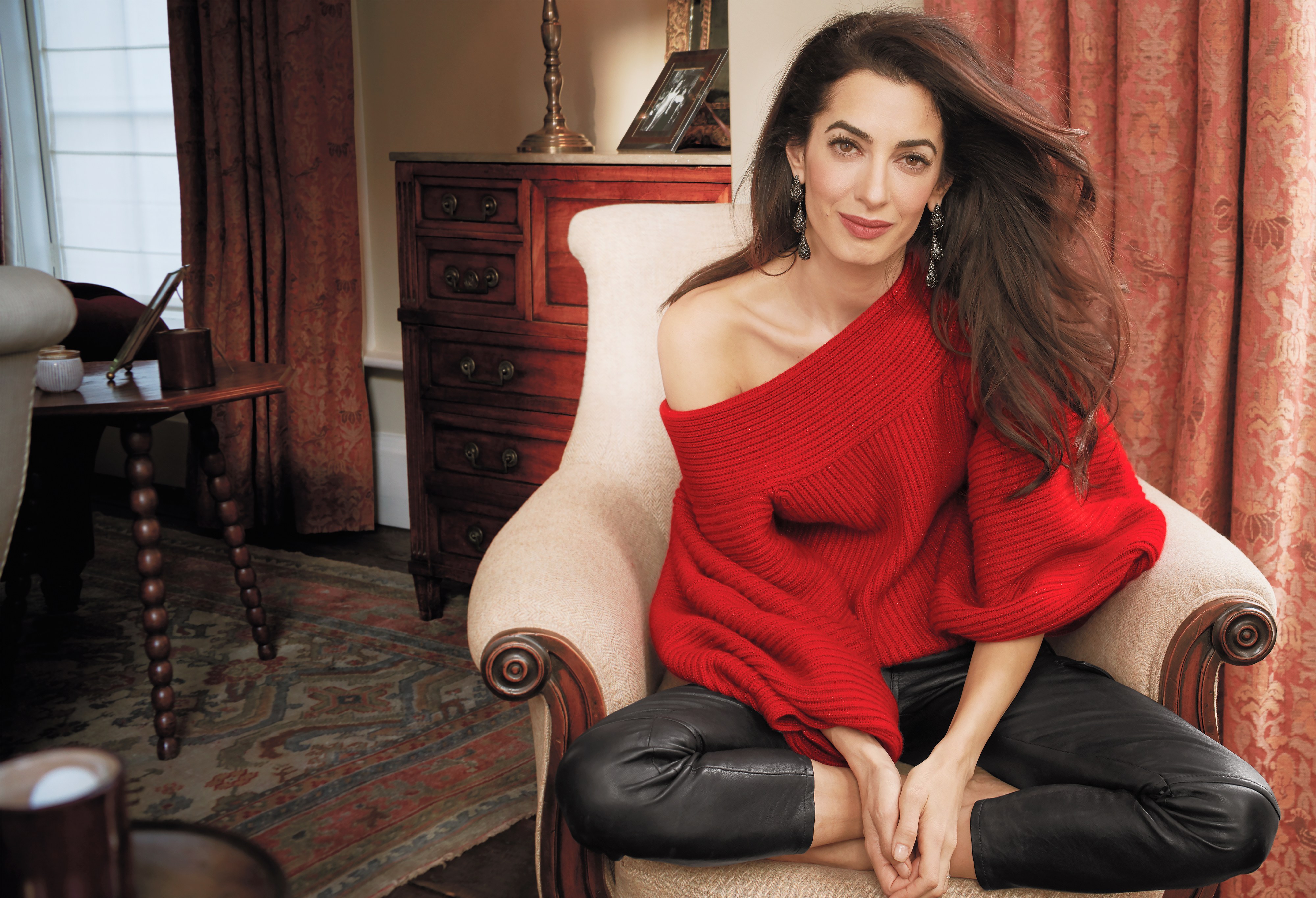 Amal Clooney BY Annie Leibovitz for Vogue May 2018 - red off the shoulder sweater